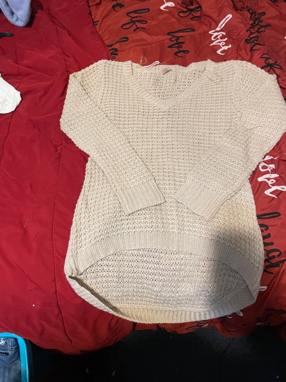 BONGO Cream V-Neck Open Knit Sweater